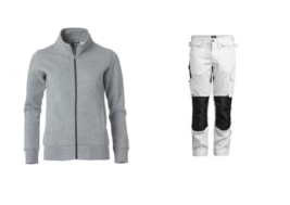 Grijs werkvest voor schilders, en broek comfortabel en geschikt voor bedrukking bij schilderskleding Bollenstreek